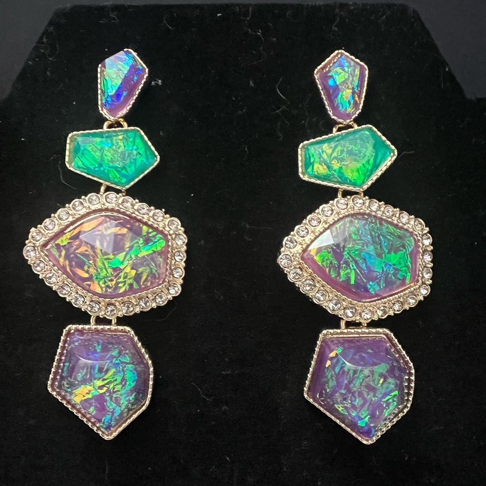 Stunning Purple Green Opal Like Flip Iridescent Geometric Dangle Earrings.
